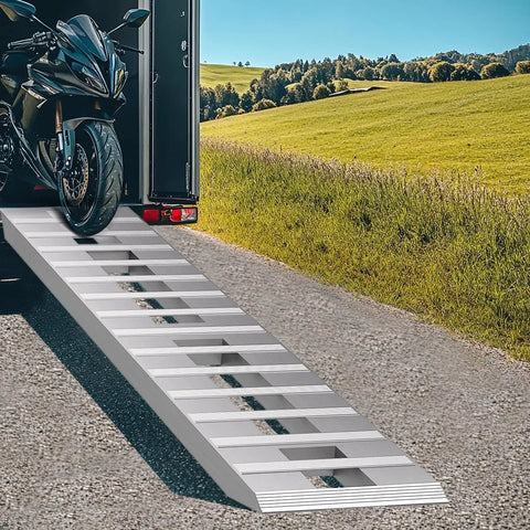 Heavy Duty Aluminum Car Ramps For Slammed Rides And Low Clearance Vehicles Featuring Six Thousand Lb Load Rating With Extra Long Eighty Four Inch Gentle Approach Angle Designed To Protect Bumpers During Daily Driver Maintenance Plus Two Pack showing motorcycle loading ramp.
