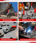 12 Pack 302F Toggle Clamps 300 Pound Heavy Duty Push Pull Hold Down For Woodworking With 180 Degree Swivel Handle Knockout Grip and Boss Level Workshop Tools installed in various workshop activities.