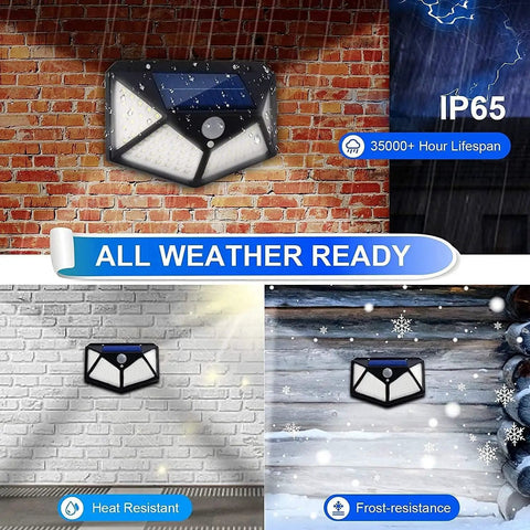 All-weather six pack solar motion lights outdoor with 100 LED beads, 270 degree coverage, IP65 waterproof wall lights in rain and snow.