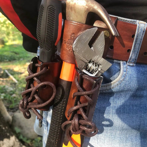 Go-To Must-Have Leather Tool Organizer Belt Pouch Bull Pin Holster Wrench Hammer Holder With Riveted Leather Sleeves And Tunnel Loop