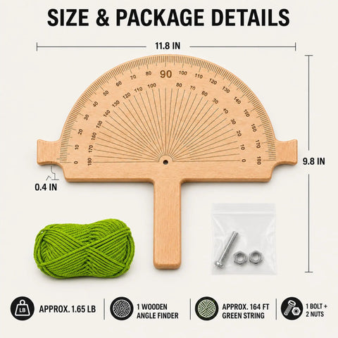 Boss Level Wooden Angle Ruler And String Line Corner Angle Finder Tool delivering size details, showing the ruler, green string, and hardware.