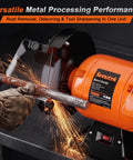 Ironclad 8 Inch Bench Grinder With A Beefy 750 Watt Motor Spinning At 3450 RPM For Sharpening Knives Chisels And Steel Stock Plus Adjustable Tool Rests And Splash Guards For The Garage in use, focusing on metal sharpening and rust removal.