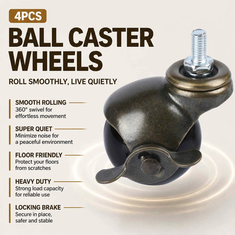 Two Inch Stem Ball Casters With Integrated Brake M8 X 15mm Thread Set Of Four Antique Brass Furniture Wheels close-up with locking brake feature.
