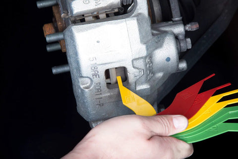 No Brainer 8 Piece Brake Lining Thickness Gauge Set With Color Coded Steel Blades for measuring disc brake pads depth.