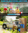 Programmable Sprinkler Timer With Brass Swivel Female Coupler in use for outdoor garden lawn watering, manual mode shown