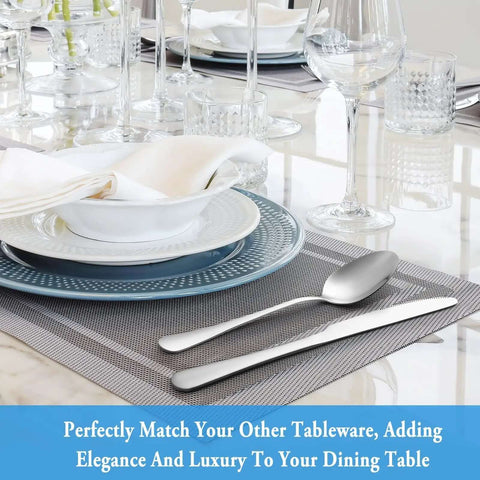 16 Piece Teaspoon Set In Premium Food Grade Stainless Steel 6.7 Inch Spoons on elegant table setting with mirror finish silverware