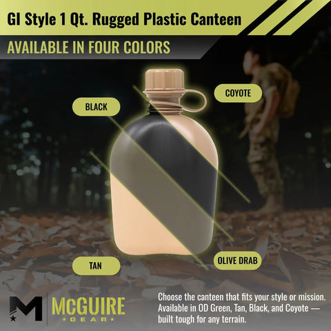Durable 1 Qt Canteen Water Bottle With Leak Resistant Cap For Outdoor Hiking Camping Made From Rugged Polyethylene Olive Drab Made In USA in four colors
