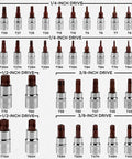 34 Piece Torx Bit Socket Set With Tamper Proof T6 To T70 Security Bits arranged by size on white background