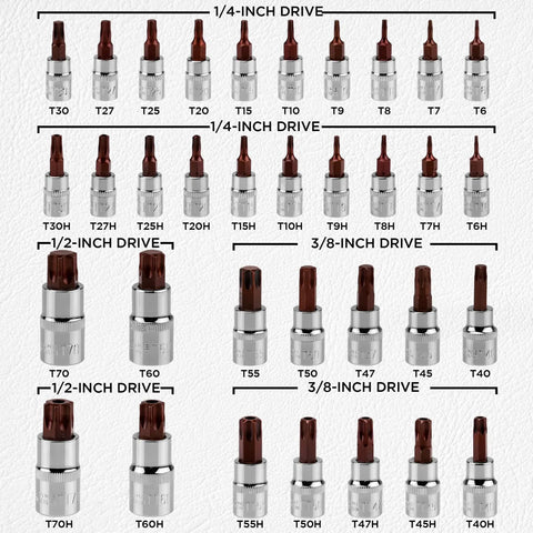 34 Piece Torx Bit Socket Set With Tamper Proof T6 To T70 Security Bits arranged by size on white background