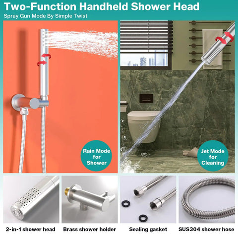 Enga Dual Head Shower System with 4 Body Jets, 16" + 6" Round Shower Head with 2 in 1 Handheld Combo, Ceiling Mounted Shower Jets System Shower Faucet Set, Brushed Nickel - handheld shower head with dual spray modes