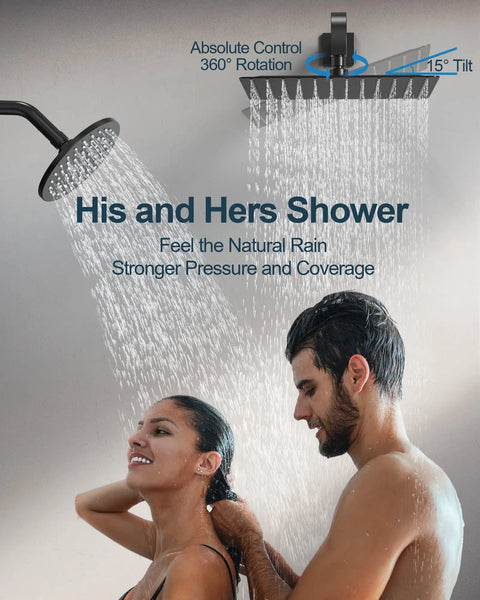 GRANDJOY Dual Rainfall Shower System, 3-Function, Matte Black, with adjustable rainfall heads for couples in shower.