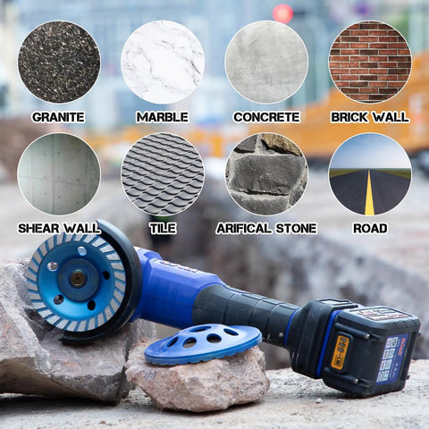 Four And A Half Inch Concrete Grinding Wheel Set With Three Pieces Featuring Turbo Diamond Segments Five Eighth To Eleven Arbor Fourteen Segments For Paint Epoxy Mastic And Coating Removal Wet Or Dry Use On Angle Grinders sitting on concrete