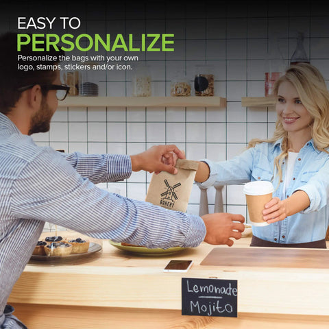 Person handing over Brown Kraft Paper Lunch Bags 4 lb Capacity 100 Count Bulk Disposable Sacks for snacks at a counter