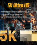 Front view of a camera promo graphic with gold 5K Ultra HD text on a circuit-board background.