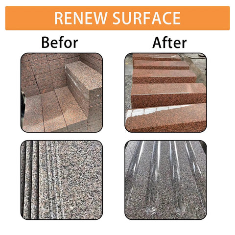Comparison of stone surfaces before and after using 4.5 Inch Wool Polishing Pad For Angle Grinder Buffing Wheel To Shine Metal Marble Stone