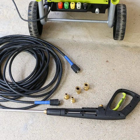 No-Fuss M22 To 3 Eighths Inch Quick Hose Connect Kit with 15mm Thread shown with pressure washer accessories