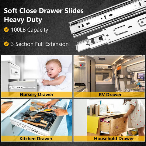 Workhorse 16 Inch Ball Bearing Drawer Slides Six Pairs Delivers Dead Smooth Full Extension Side Mount Glide For Kitchen Cabinets And Office Furniture Classic Silver in nursery, kitchen, RV, and household drawers.