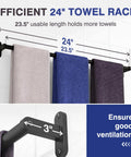 Matte Black 24 Inch Wall Mounted Towel Rack With Rustproof Aluminum Construction displaying towels, space saving design