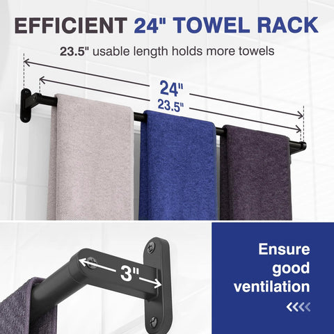 Matte Black 24 Inch Wall Mounted Towel Rack With Rustproof Aluminum Construction displaying towels, space saving design