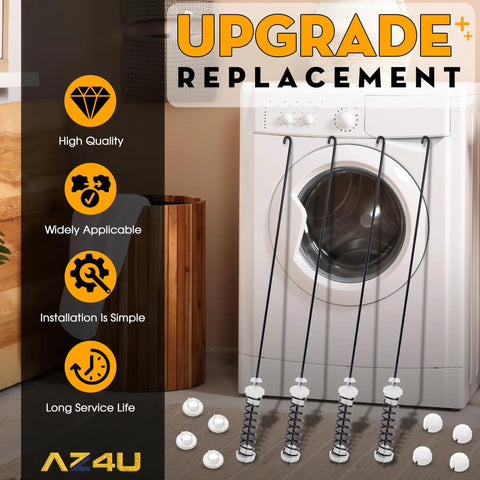 4 Pack Washer Suspension Rod Kit Replacement For Top Loaders Compatible With Amana, Whirlpool, Maytag, Kenmore, displayed near washer.