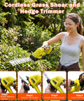 Woman using 2 In 1 Cordless Hedge Trimmer Kit With 2 Batteries And Charger For Lawn Edges And Shrub Shaping, 8.2 Inch Hedge Blade And 4.3 Inch Grass Shear Blade, Battery Powered Bush Trimmer For Yard Work, Great Gift For Men And Dad in garden