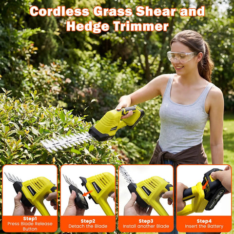 Woman using 2 In 1 Cordless Hedge Trimmer Kit With 2 Batteries And Charger For Lawn Edges And Shrub Shaping, 8.2 Inch Hedge Blade And 4.3 Inch Grass Shear Blade, Battery Powered Bush Trimmer For Yard Work, Great Gift For Men And Dad in garden