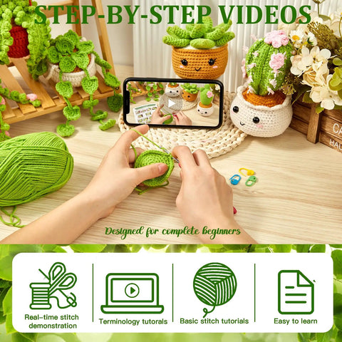 Hands crocheting with Beginner Crochet Kit For Amigurumi And Plant Plushies, All-In-One Starter Set With Step-By-Step Video Guides visible