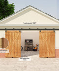 Beefy Heavy Duty 14Ft Exterior Barn Door Hardware Kit For Two Sliding Doors, installed, showing track and brackets, doors open