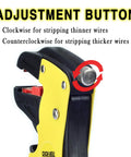 Close-up of the adjustment button on wire stripping tool for 14-24 AWG cables, automatic stripping pliers for speaker wire.