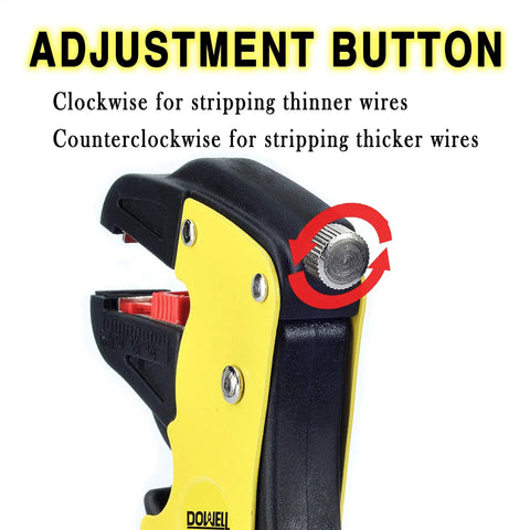 Close-up of the adjustment button on wire stripping tool for 14-24 AWG cables, automatic stripping pliers for speaker wire.