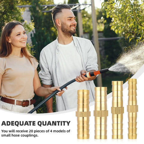 Couple using garden hose with 20 Piece Brass Hose Barb Fitting Set 1/4 5/16 3/8 1/2 Inch Barb Adapters on display
