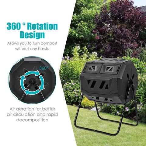 43 Gallon 163L Dual Chamber Compost Tumbler With Sliding Doors And Stable Metal Frame, 360 Degree Rotation Outdoor Garden Bin