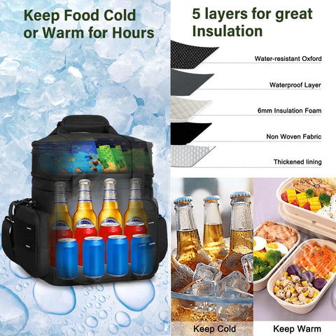 Expandable Tactical Lunch Box 16L Large Insulated Cooler Bag with bottles and cans, showing 5-layer insulation