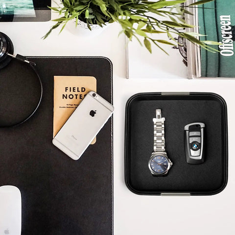 Luxury Leather Desktop Tray With Metal Accents Grab and Go Ready Small Catchall Organizer for Entryway Table next to phone and watch