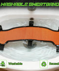 Hard Hat Sweatband 5 Pack Washable Replacement Liner in sink, flame-retardant orange cotton, for welding helmets and hard hats.