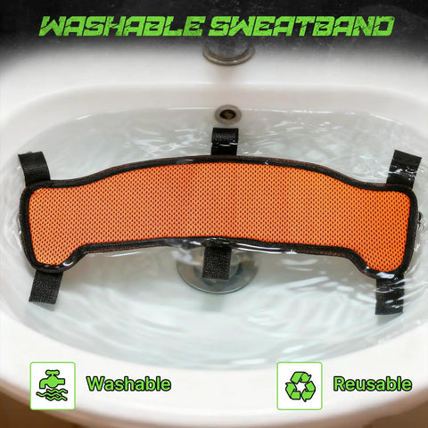 Hard Hat Sweatband 5 Pack Washable Replacement Liner in sink, flame-retardant orange cotton, for welding helmets and hard hats.