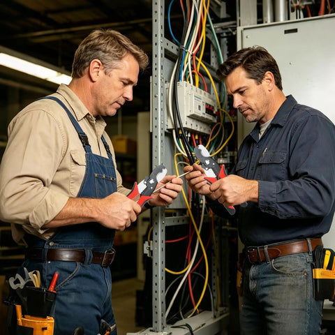 Two professionals using Eight Inch Electrical Wire Strippers And Cable Cutting Pliers Made From Heavy Manganese Steel in a workshop.