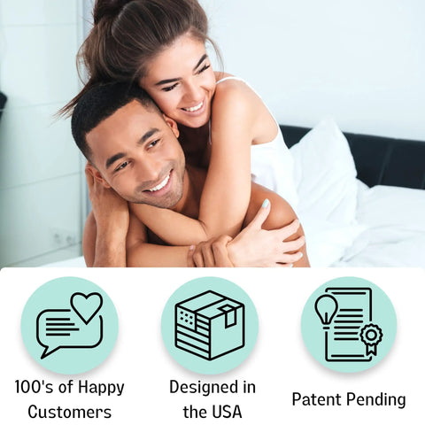 Happy couple embracing on a bed showcasing comfort, highlighting Heavy Duty Wall Buffer Headboard Protectors Soft Foam Stoppers.