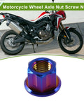 Set Of Six Rugged Titanium Motorcycle Axle Nuts With Grippy Burnt Blue Finish And M12x1.5 Thread, close-up of axle nut.