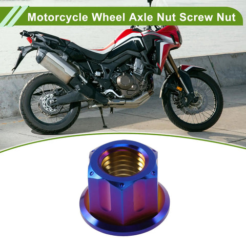 Set Of Six Rugged Titanium Motorcycle Axle Nuts With Grippy Burnt Blue Finish And M12x1.5 Thread, close-up of axle nut.