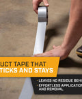 Person applying Silver Duct Tape 6 Roll Multi Pack, 90 Feet Each, 2 Inch Wide Heavy Duty Waterproof Tape with No Residue on floor