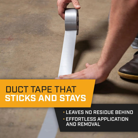 Person applying Silver Duct Tape 6 Roll Multi Pack, 90 Feet Each, 2 Inch Wide Heavy Duty Waterproof Tape with No Residue on floor