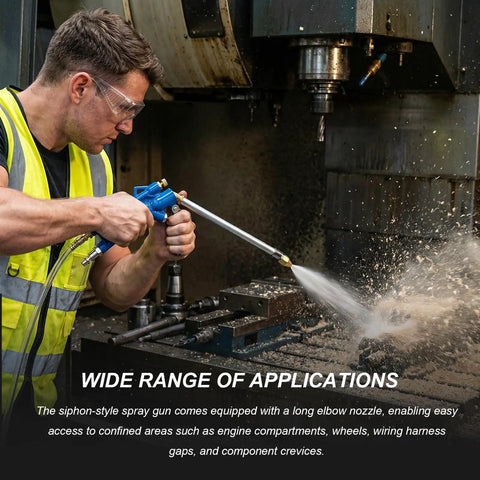 High-Pressure Air Engine Cleaning Spray Gun With 4Ft Hose, Pro-Grade Pneumatic Wash Sprayer For Tight Engine Bays, Busts Oil, Carbon Deposits And Grime In Narrow Spaces, Ideal Car Maintenance Tool, with long nozzle in use