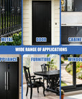 All In One Multi Surface Black Paint For Indoor And Outdoor Use No Sanding No Priming Quick Drying For Wood Walls Furniture Cabinets Metal And More 5 Oz shown on metal fence, door, and cabinets.