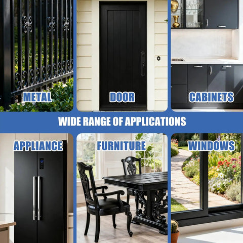 All In One Multi Surface Black Paint For Indoor And Outdoor Use No Sanding No Priming Quick Drying For Wood Walls Furniture Cabinets Metal And More 5 Oz shown on metal fence, door, and cabinets.