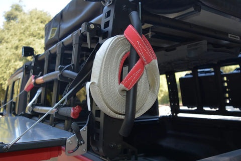 XRS Reel Handles Set For Overland Rack, Mild Steel, Textured Black, Pair, Model 5950100T attached to rack with tow strap