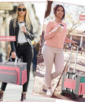 Two women using the Foldable Deluxe Rolling Sewing Machine Case With Wheels For Most Machines in suitcase and handbag mode outdoors