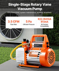 Rock Solid 3.5 CFM Vacuum Pump Single Stage Rotary Vane Hvac Tool With Oil Catch Bottle Smooth Operating 1/4 Hp Air Extractor for R134a R22 R410a Systems on a concrete surface.