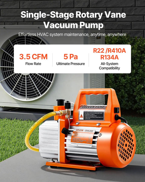 Rock Solid 3.5 CFM Vacuum Pump Single Stage Rotary Vane Hvac Tool With Oil Catch Bottle Smooth Operating 1/4 Hp Air Extractor for R134a R22 R410a Systems on a concrete surface.