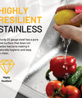 Creemore 25-Inch Left-Right By 22-Inch Front-To-Back Drop-In Single Bowl Stainless Steel Kitchen Sink With EZ Torque Fastener System, 1-Hole Design, 7-Inch Deep, 22-Gauge highlighted for resilience, with vegetables being washed.
